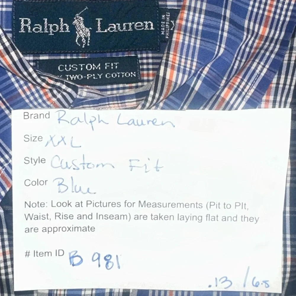 Ralph Lauren Shirt Men's XXL Button Up Long Sleeve Custom Fit Blue‎ Polo Pony